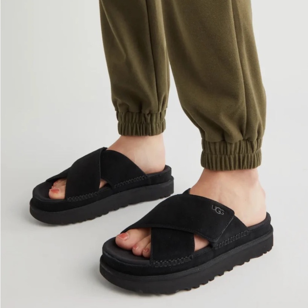 BNWT UGG Black Suede Goldenstar Cross Slide Sandal